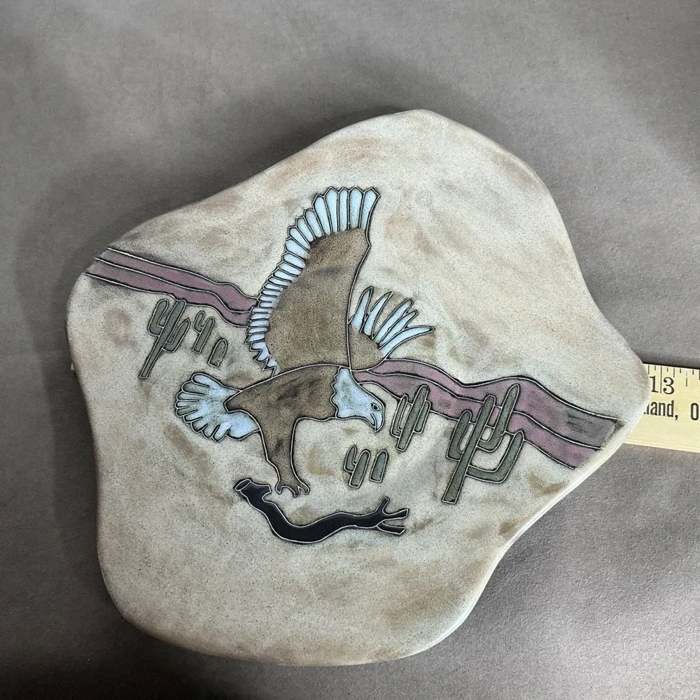 Desert Eagle Cactus Ceramic Art‎ Plate Decor Hand Painted Design By Zura Mexico